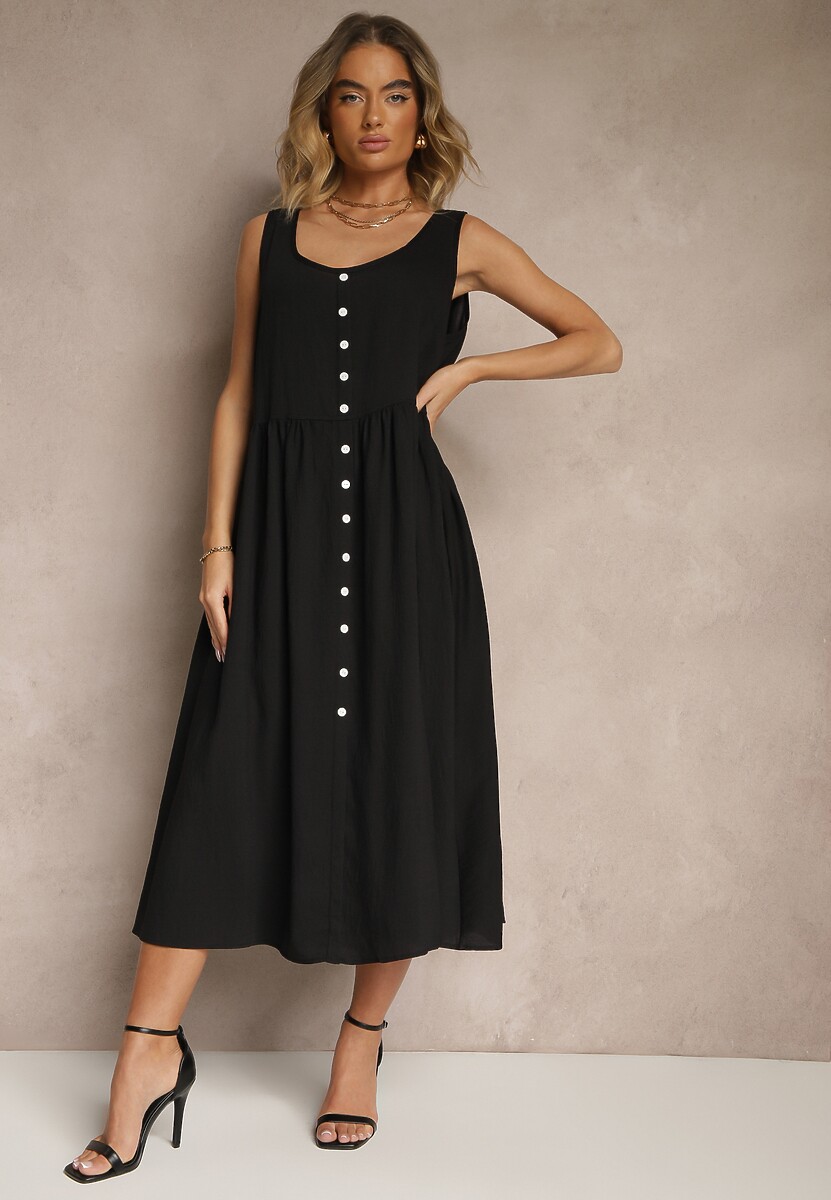 Ciemnobeżowa Rozkloszowana Sukienka z Wiskozy Ozdobiona Guzikami Nataviela