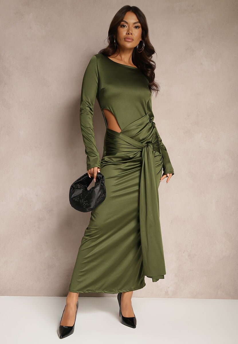 Zielona Koktajlowa Sukienka z Ozdobnym Wycięciem i Wiązaniem Vamicea