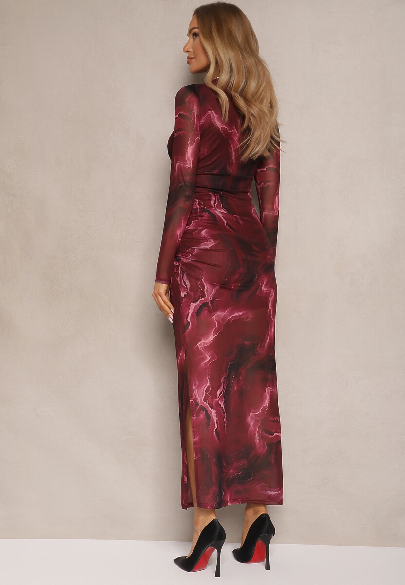 Bordowa Dopasowana Sukienka z Siateczkowego Materiału z Wiskozą Zdobiona Rozcięciem Naliriel