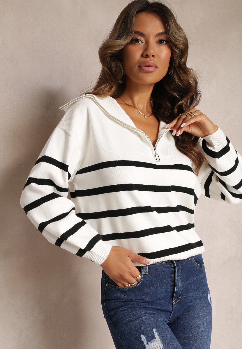 Biało-Granatowy Golf Sweter ze Ściągaczami w Paski Zapinany na Suwak Likatte