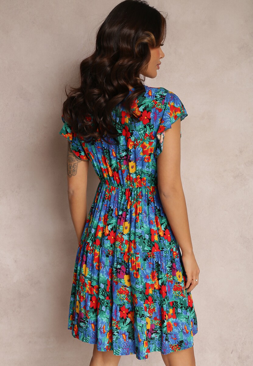 Niebieska Wiskozowa Sukienka Mini z Falbaną Linne