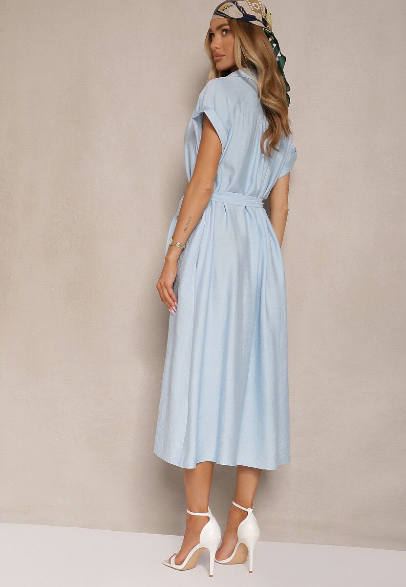 Niebieska Koszulowa Sukienka z Wiskozy Ozdobiona Paskiem Rinalitia