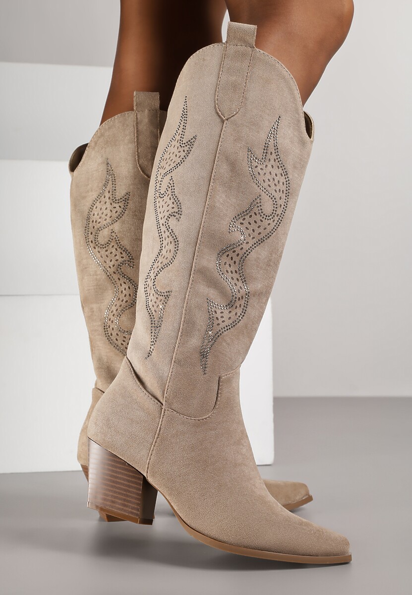 Ciemnobeżowe Kozaki Kowbojki na Stożkowym Obcasie Zdobione Cyrkoniami Nalasania