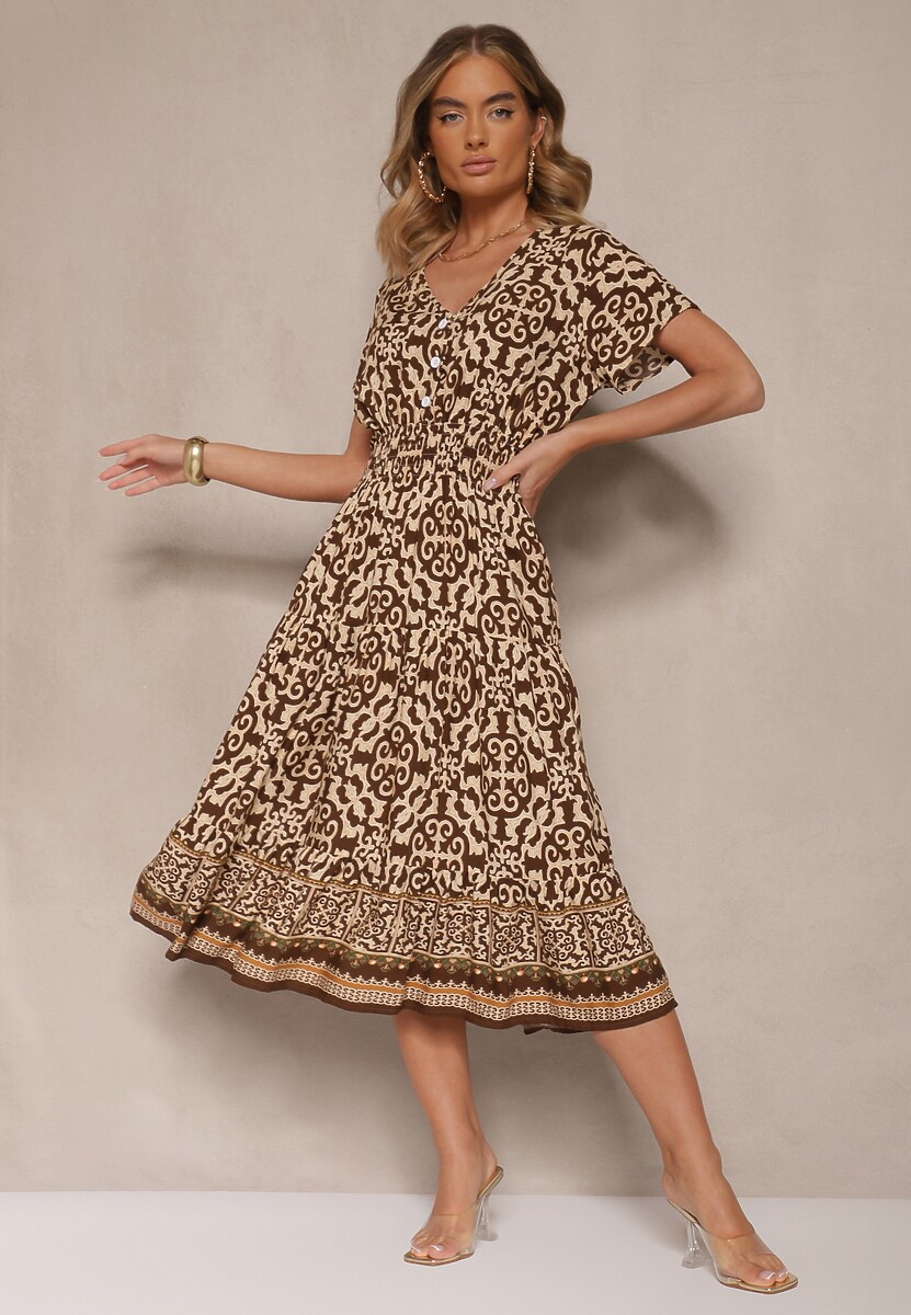 Brązowa Sukienka z Bawełny z Trójkątnym Dekoltem i Gumką w Talii Zapinana na Guziki Lavlea