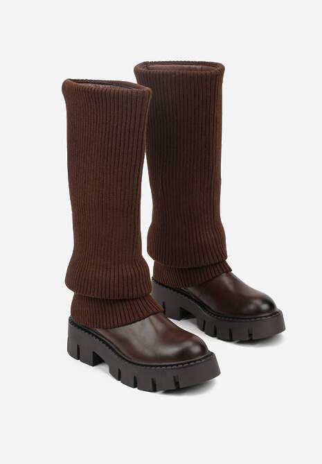 Brązowe Kozaki Chunky z Dzianinową Cholewką Imitującą Nogawkę Fenema