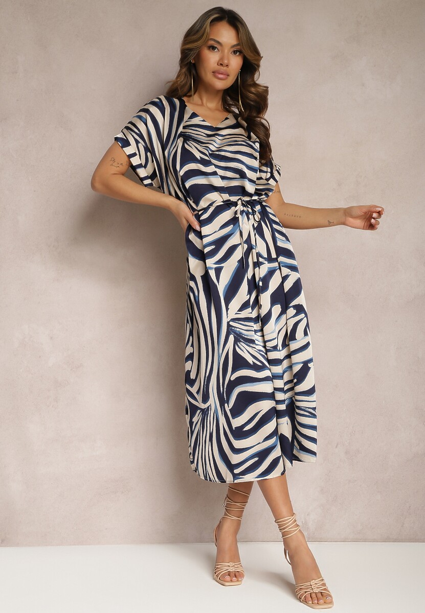 Beżowo-Granatowa Midi Sukienka Pudełkowa w Animal Print z Paskiem Avula