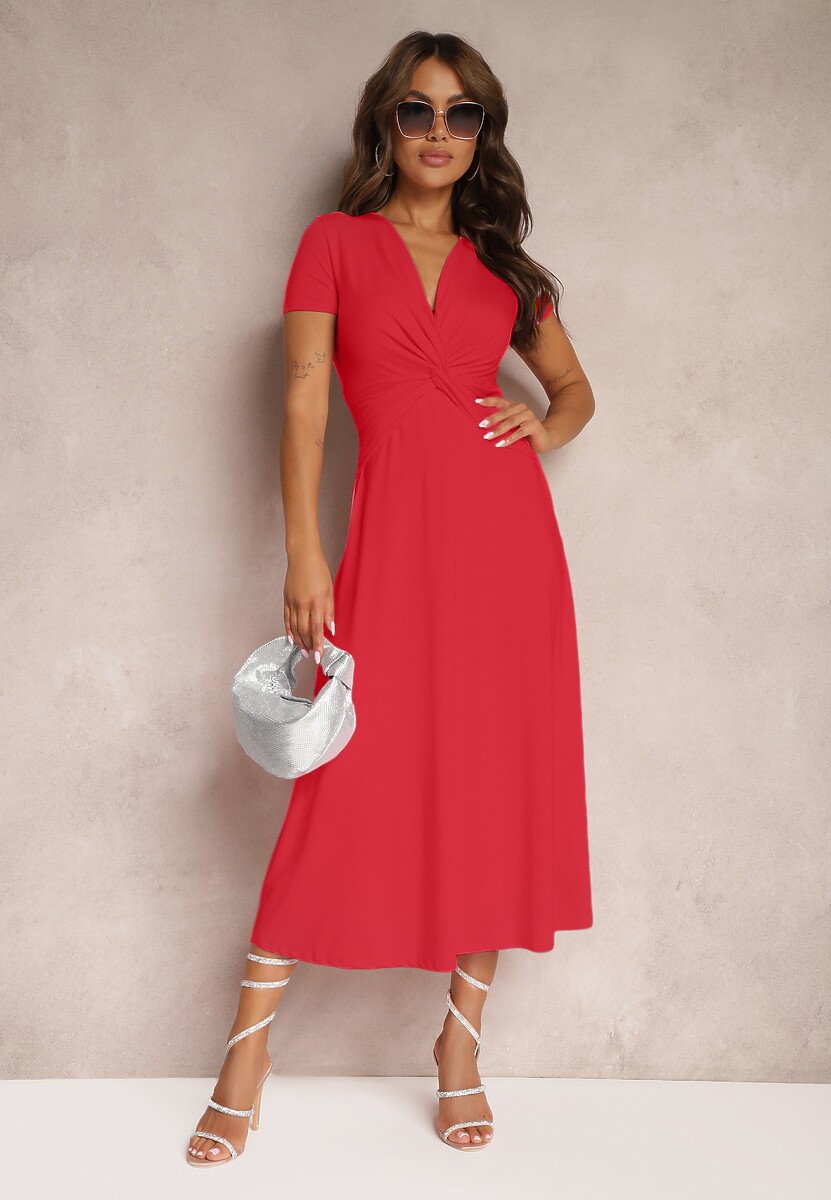 Różowa Sukienka o Taliowanym Kroju z Imitacją Węzła i Trójkątnym Dekoltem Telvitela