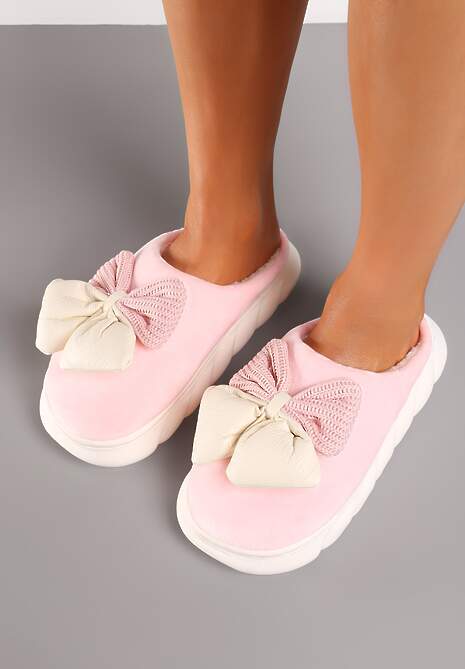 Różowe Kapcie na Płaskiej Podeszwie z Futerkiem i Kokardą Dezilaine
