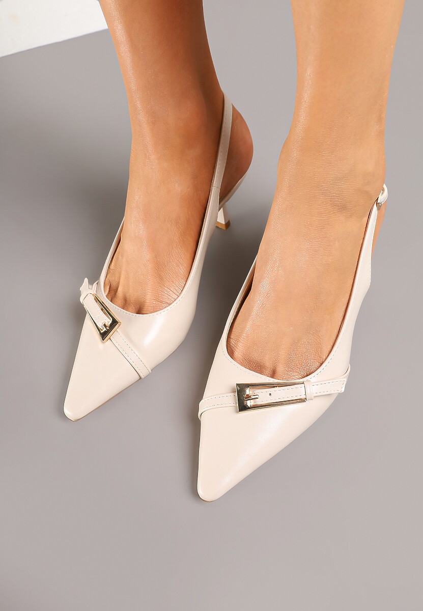 Beżowe Sandały na Szpilce Typu Slingback Ozdobione Paskiem z Klamrą Karilen