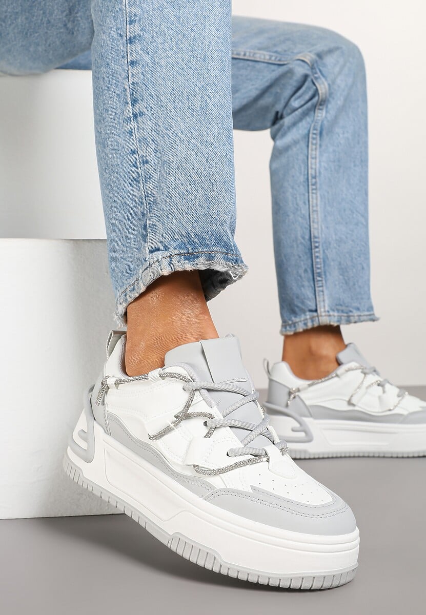 Biało-Szare Sneakersy na Platformie z Paskiem z Cyrkonii Aneolin