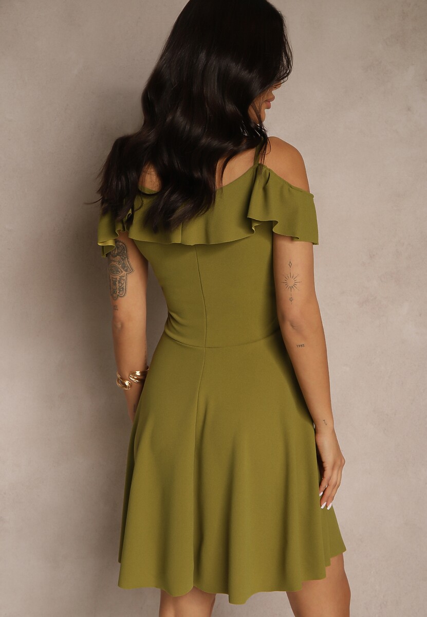 Jasnozielona Rozkloszowana Sukienka na Ramiączkach z Falbankami Milauri