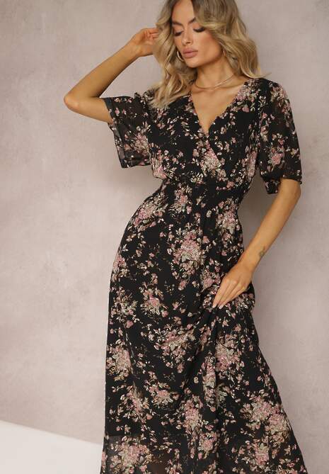 Czarno-Różowa Sukienka Kopertowa z Krótkim Rękawem Wiązana z Tyłu z Gumką w Talii Cristola