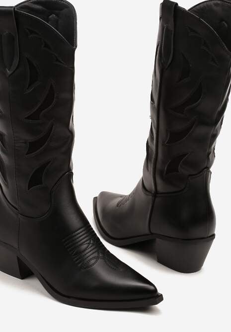 Czarne Kozaki na Słupku w Stylu Kowbojek Ozdobione Tłoczeniem Latimesa