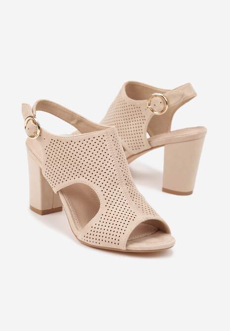 Ciemnobeżowe Sandały Vices na Słupkowym Obcasie z Ażurową Cholewką i Skórzaną Wkładką Obenea