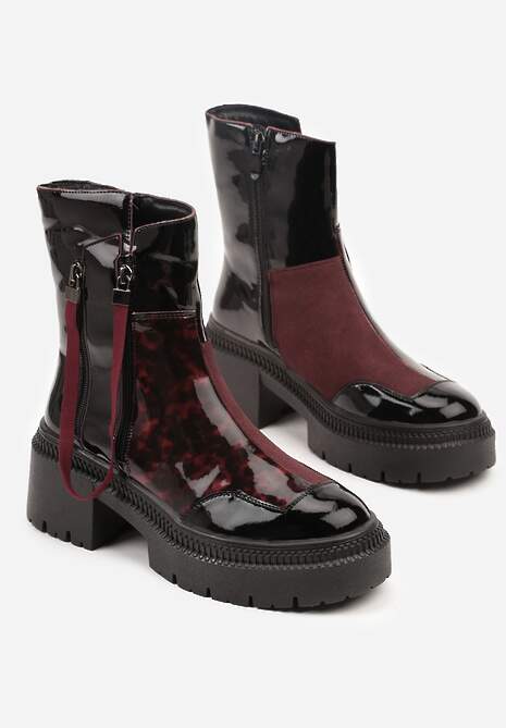 Czarno-Bordowe Botki Lakierowane Vices Ozdobione Tasiemką Rotine