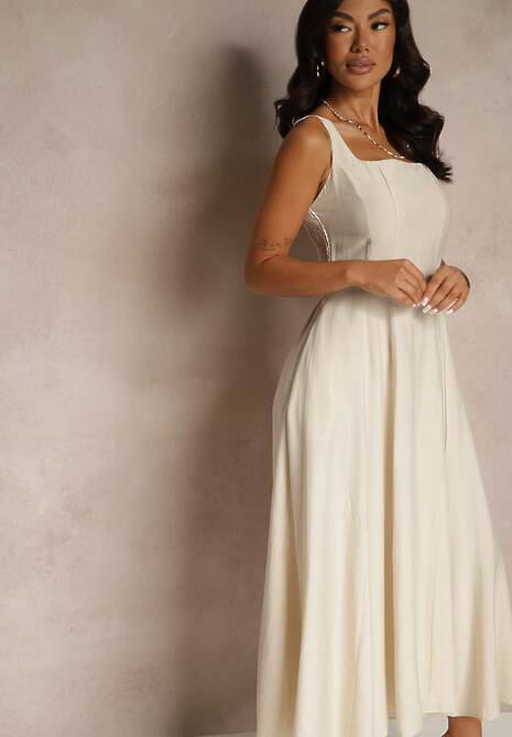 Beżowa Rozkloszowana Sukienka z Wiskozy Ozdobiona Kwadratowym Dekoltem Avledia