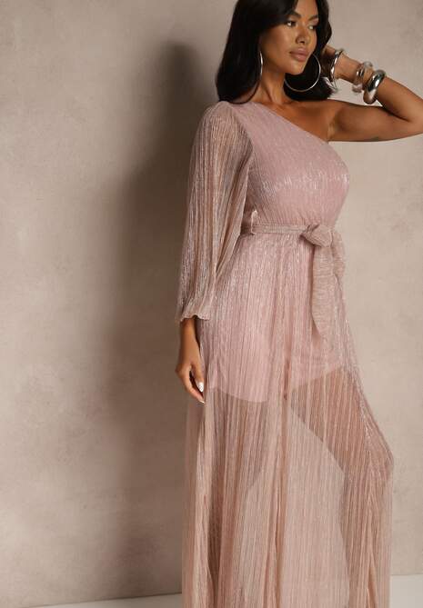 Różowa Asymetryczna Sukienka z Metalicznymi Przeszyciami i Wiązanym Paskiem Arhellia