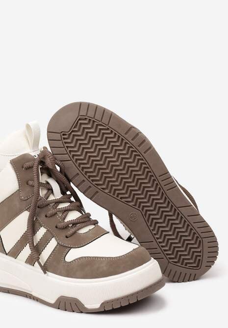 Beżowo-Brązowe Sneakersy na Płaskiej Podeszwie z Wysoką Cholewką w Paski z Ociepleniem Noradwen