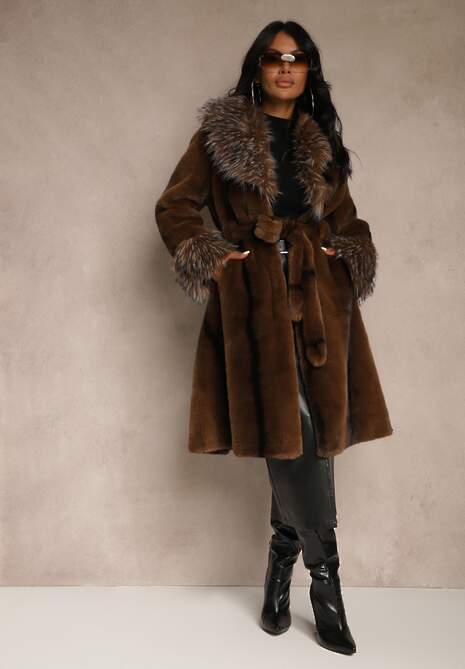 Brązowy Płaszcz Futerko z Paskiem z Ozdobnym Kołnierzem i Mankietami Tiobella