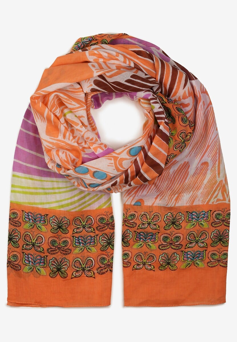 Różowo-Pomarańczowy Szalik w Stylu Apaszki z Bawełny z Motylami Geniosa