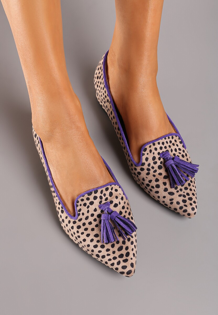 Beżowo-Fioletowe Czółenka Mokasyny na Słupku Ozdobione Frędzlami i Kropkami Bianath