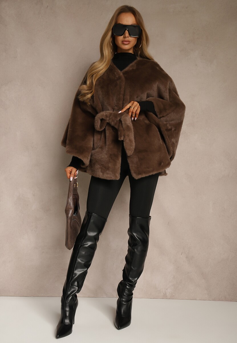 Brązowe Futerkowe Ponczo Ozdobione Paskiem Monareva