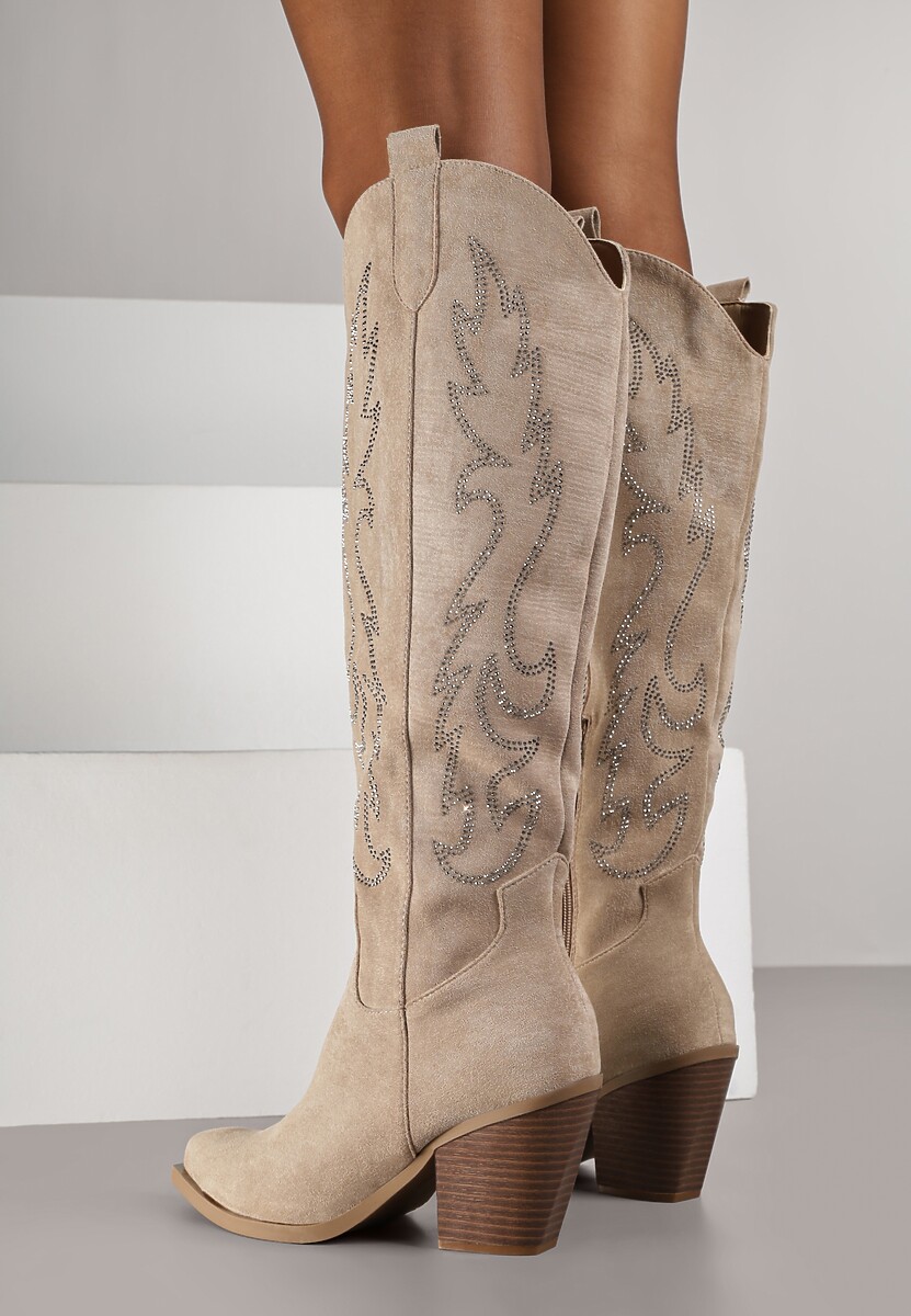 Ciemnobeżowe Kozaki Kowbojki na Stożkowym Obcasie Zdobione Cyrkoniami Nalera
