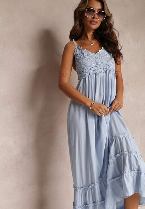 Niebieska Rozkloszowana Sukienka Maxi z Koronką i Głębokim Dekoltem Zonila