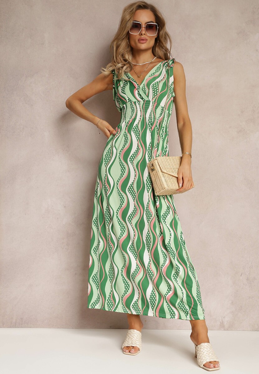 Zielona Wiskozowa Sukienka Maxi z Gumkami w Pasie i Ściągaczami na Ramionach Kaesa