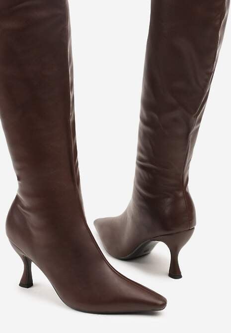 Ciemnobrązowe Marszczone Kozaki Vices na Obcasie Typu Kaczuszka Miomadia