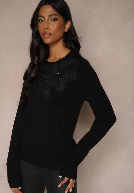 Czarny Sweter z Modalem i Wiskozą Ozdobiony Aplikacjami 3D Desalttia