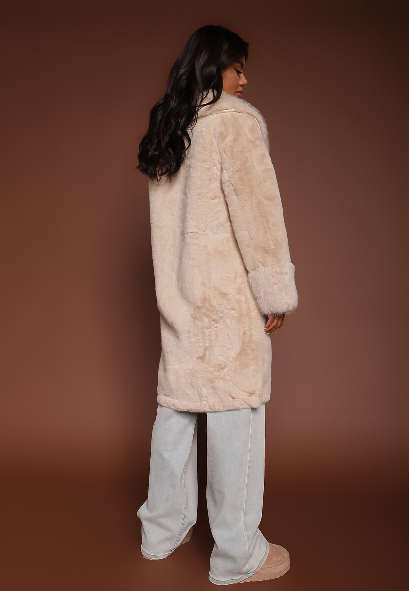 Beżowa Kurtka Futro o Długim Kroju z Wiskozą Ninnarlia