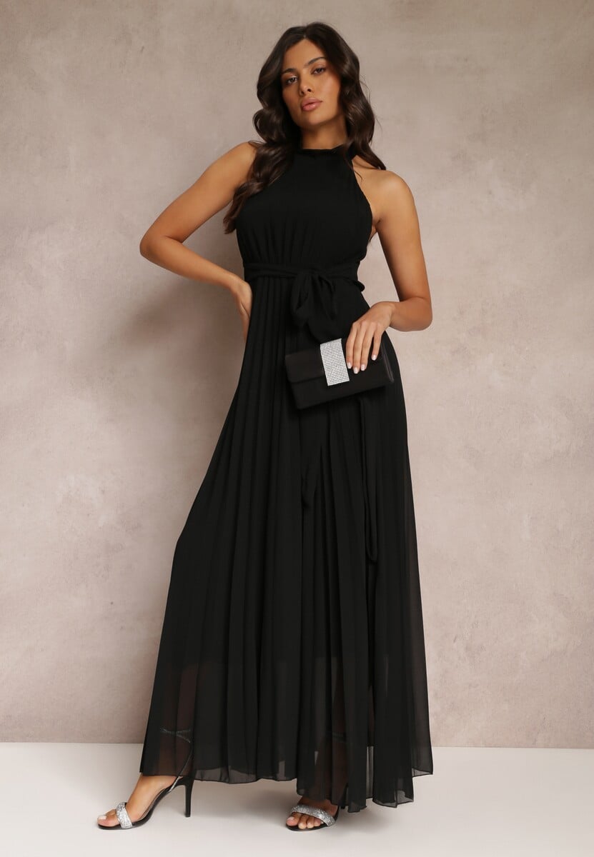 Czarna Sukienka Maxi bez Rękawów z Gumką w Talii z Plisowanej Tkaniny Pesstia