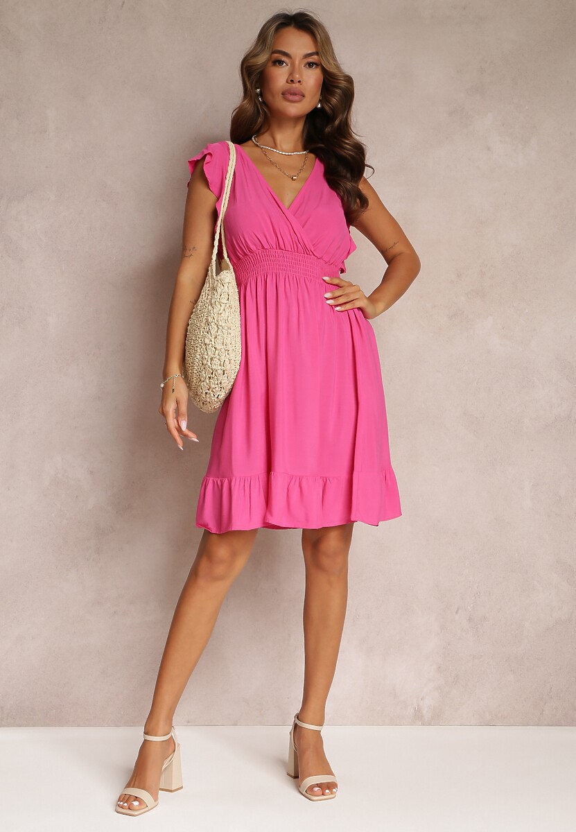 Fuksjowa Mini Sukienka z Wiskozy o Rozkloszowanym Fasonie i Kopertowym Dekolcie Lolsa