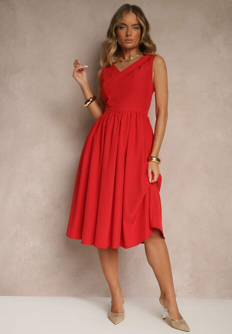 Czerwona Basicowa Sukienka Vices o Rozkloszowanym Kroju Tolaneia