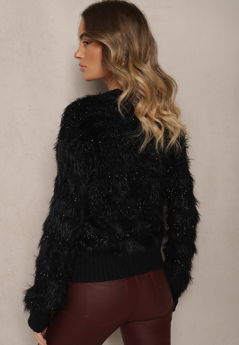 Czarny Sweter z Wełną Ozdobiony Ściągaczami i Długim Włosiem Sialora