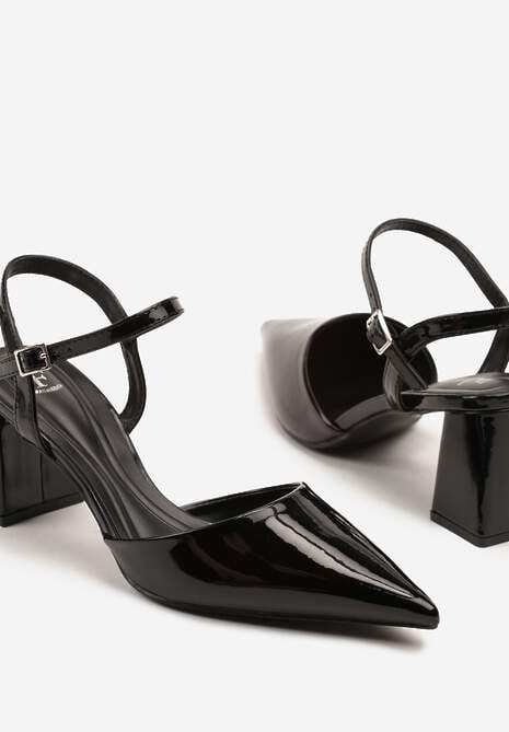 Czarne Sandały Lakierowane na Geometrycznym Słupku Sopelisse