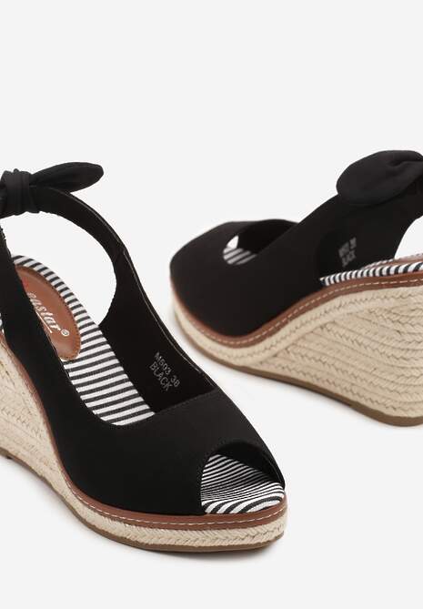 Czarne Sandały Espadryle na Plecionym Koturnie Milinne