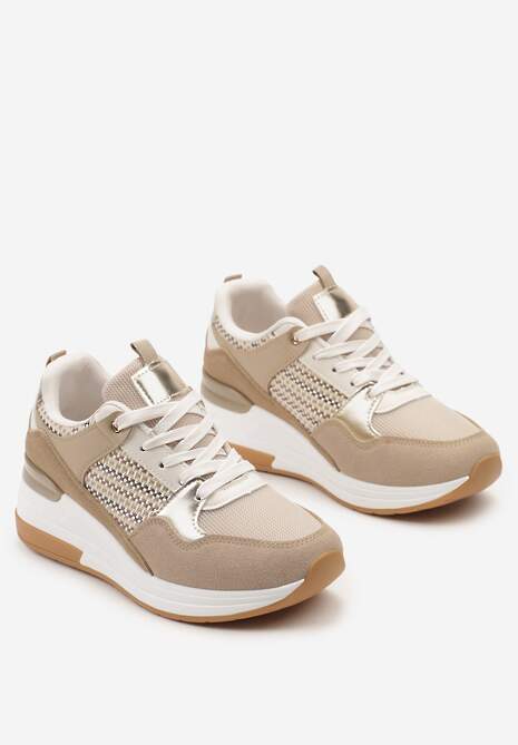 Ciemnobeżowe Sneakersy z Niskim Koturnem i Ozdobnymi Wstawkami Ysabeltia