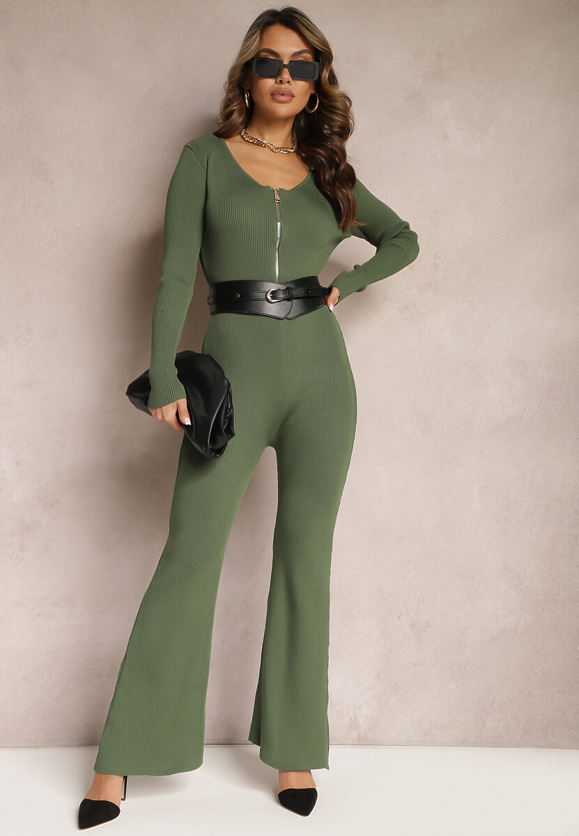 Zielony Kombinezon Bodycon z Prążkowanej Wiskozy ze Spodniami Typu Dzwony i Suwakiem Lavirna