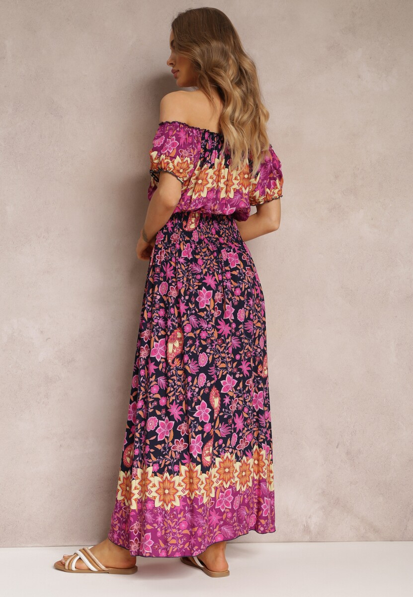 Fioletowo-Granatowa Rozkloszowana Sukienka Midi Hiszpanka z Gumką w Talii z Bawełny w Kwiaty Bienne
