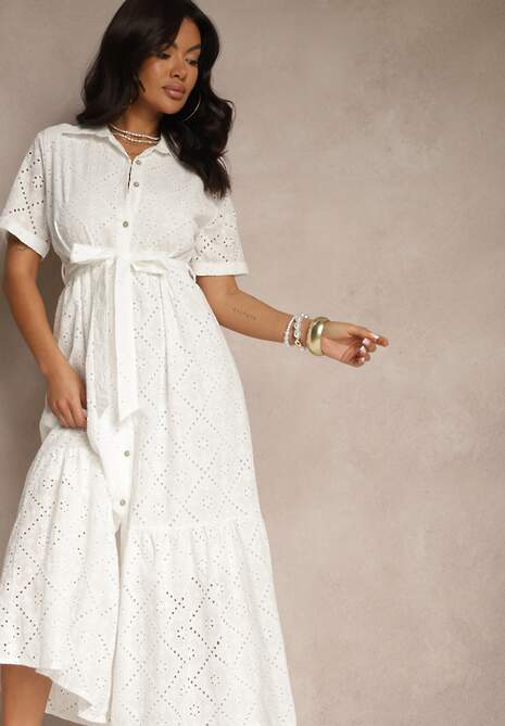 Biała Koszulowa Sukienka z Wiązanym Paskiem z Bawełnianej Tkaniny z Haftem Efrilea