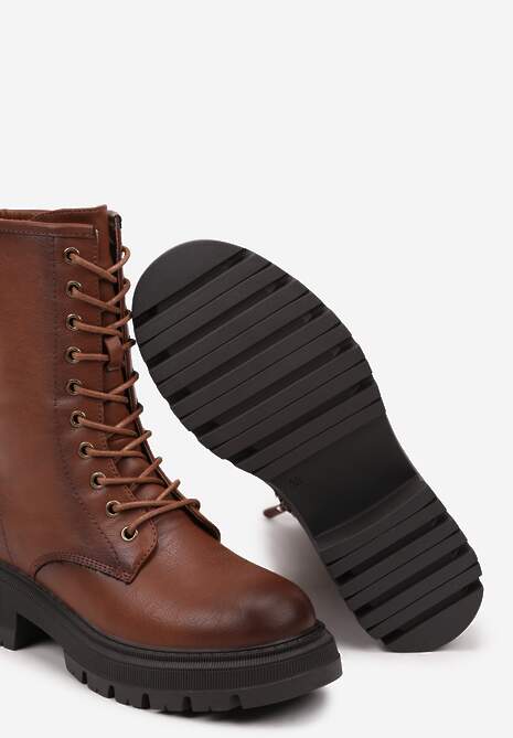 Jasnobrązowe Botki na Płaskiej Podeszwie Ozdobione Wiązaniem Laolin