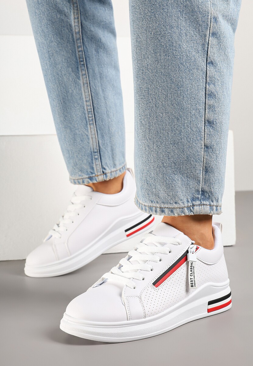 Białe Sneakersy z Ozdobnymi Napisami Suwakiem i Paskami Tosime