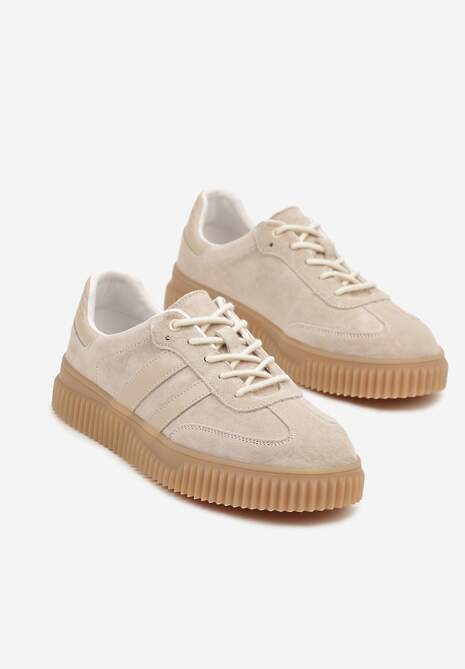 Beżowe Zamszowe Sneakersy Tenisówki z Wkładką ze Skóry Naturalnej Ozdobione Tłoczeniem Meluella