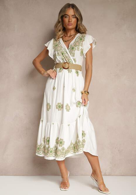 Biało-Zielona Sukienka z Wiskozy Ozdobiona Paskiem i Haftem Nilorelle