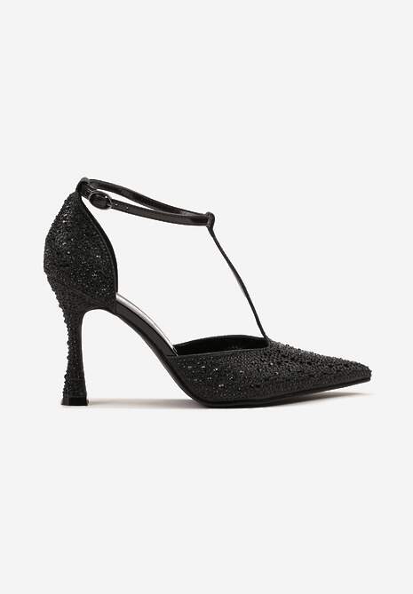 Czarne Cyrkoniowe Sandały na Szpilce ze Szpiczastym Noskiem Ulonella