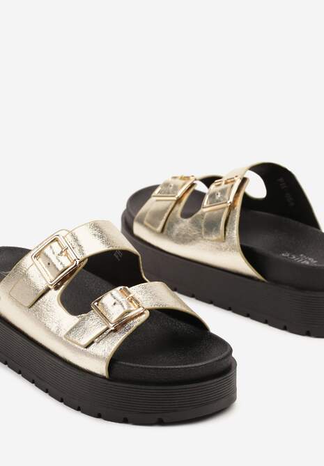 Złote Klapki  na Platformie z Paskami ze Sprzączkami Kaliora