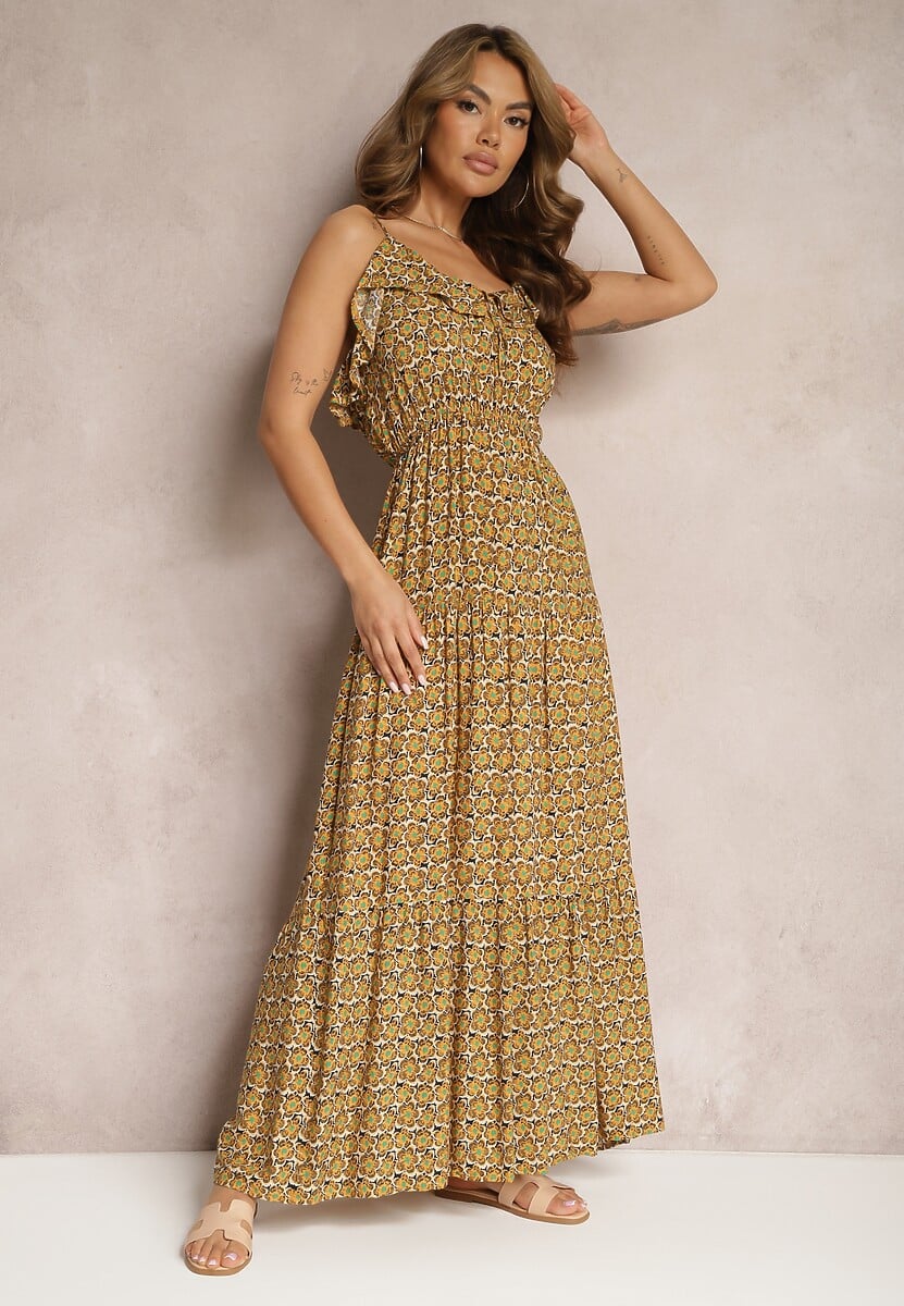 Żółta Rozkloszowana Sukienka z Wiskozy na Regulowanych Ramiączkach Wrinesa