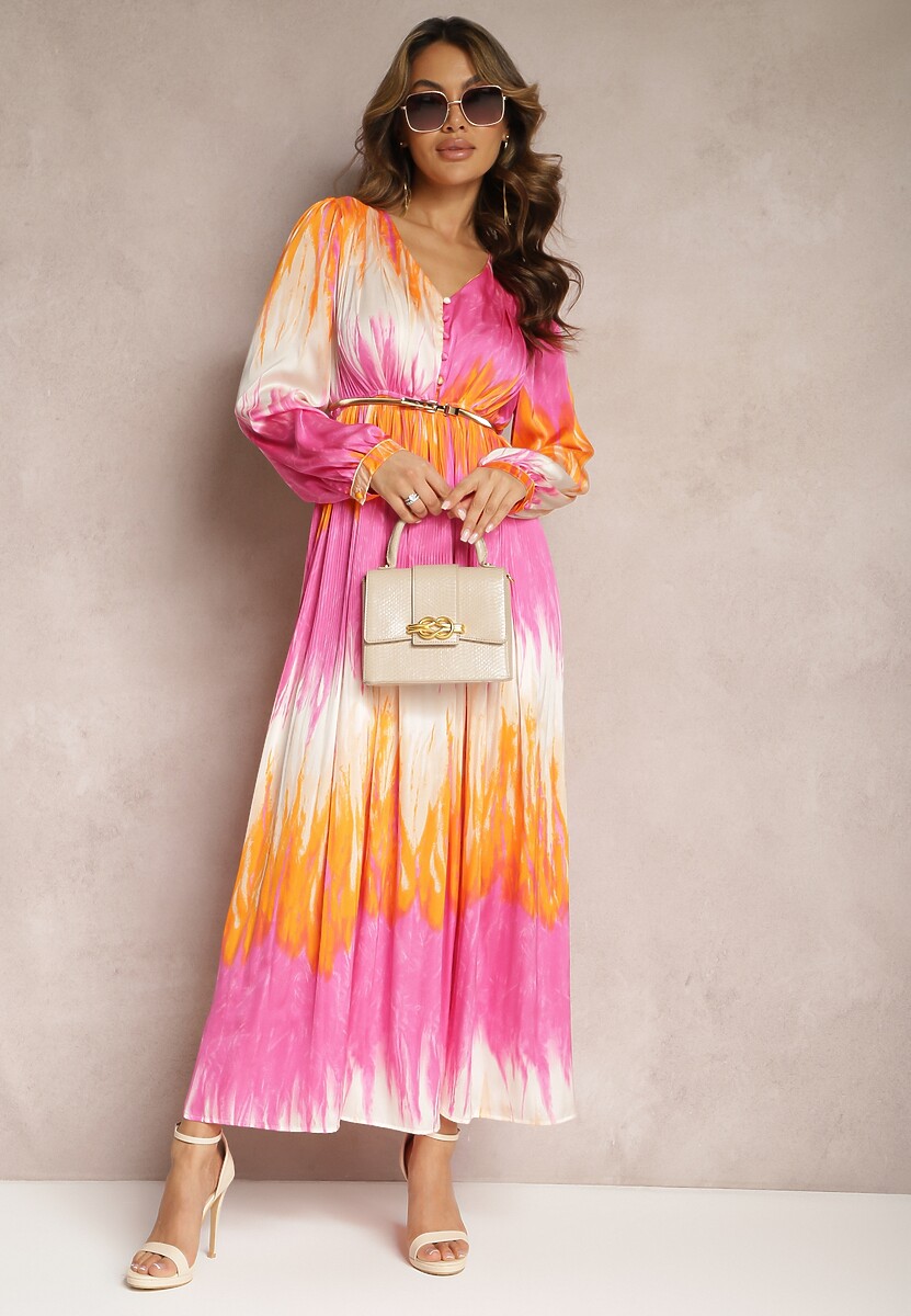 Różowo-Pomarańczowa Rozkloszowana Sukienka Maxi Satynowa z Guzikami Elvinase